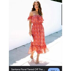 VICI Women's Red Santana Floral‎ Tiered Off Shoulder Flowy Midi Dress Sz XS